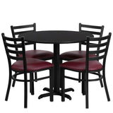 English Elm Commercial Grade 36'' Round Black Laminate Table Set with X-Base and 4 Ladder Back Metal Chairs - Vinyl Seat