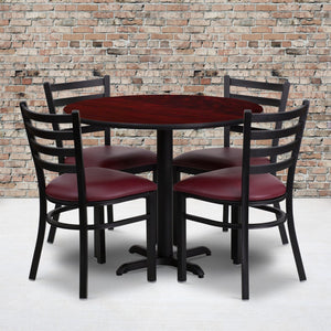 English Elm Commercial Grade 36'' Round Mahogany Laminate Table Set with X-Base and 4 Ladder Back Metal Chairs - Vinyl Seat