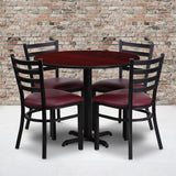 Commercial Grade 36'' Round Mahogany Laminate Table Set with X-Base and 4 Ladder Back Metal Chairs - Vinyl Seat