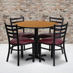 English Elm Commercial Grade 36'' Round Natural Laminate Table Set with X-Base and 4 Ladder Back Metal Chairs - Vinyl Seat