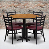 Commercial Grade 36'' Round Natural Laminate Table Set with X-Base and 4 Ladder Back Metal Chairs - Vinyl Seat