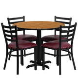 English Elm Commercial Grade 36'' Round Natural Laminate Table Set with X-Base and 4 Ladder Back Metal Chairs - Vinyl Seat