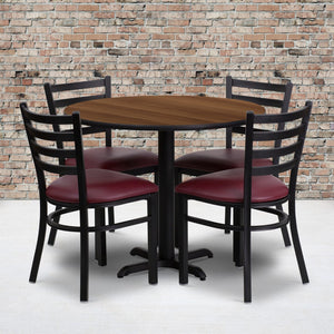 English Elm Commercial Grade 36'' Round Walnut Laminate Table Set with X-Base and 4 Ladder Back Metal Chairs - Vinyl Seat