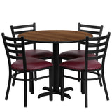 English Elm Commercial Grade 36'' Round Walnut Laminate Table Set with X-Base and 4 Ladder Back Metal Chairs - Vinyl Seat