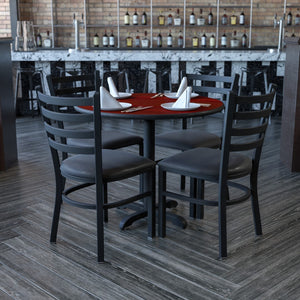 English Elm Commercial Grade 36'' Round Laminate Table Set with X-Base and 4 Ladder Back Metal Chairs - Vinyl Seat