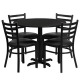 English Elm Commercial Grade 36'' Round Laminate Table Set with X-Base and 4 Ladder Back Metal Chairs - Vinyl Seat