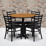 English Elm Commercial Grade 36'' Round Natural Laminate Table Set with X-Base and 4 Ladder Back Metal Chairs - Vinyl Seat