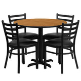 English Elm Commercial Grade 36'' Round Natural Laminate Table Set with X-Base and 4 Ladder Back Metal Chairs - Vinyl Seat