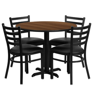 English Elm Commercial Grade 36'' Round Walnut Laminate Table Set with X-Base and 4 Ladder Back Metal Chairs - Vinyl Seat