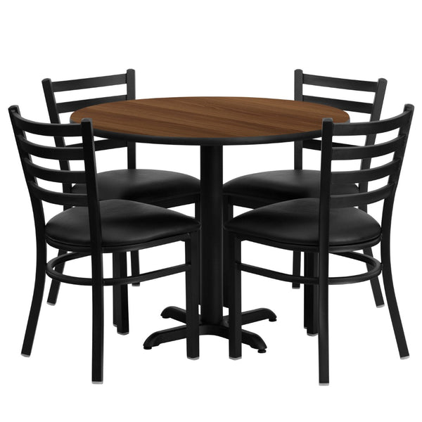 English Elm Commercial Grade 36'' Round Walnut Laminate Table Set with X-Base and 4 Ladder Back Metal Chairs - Vinyl Seat
