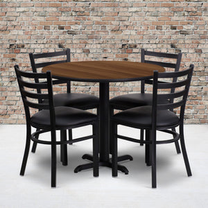 English Elm Commercial Grade 36'' Round Walnut Laminate Table Set with X-Base and 4 Ladder Back Metal Chairs - Vinyl Seat