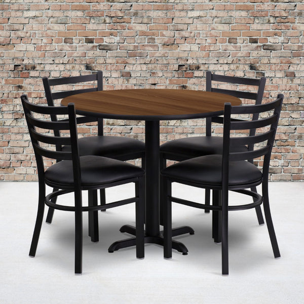 English Elm Commercial Grade 36'' Round Walnut Laminate Table Set with X-Base and 4 Ladder Back Metal Chairs - Vinyl Seat
