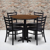 English Elm Commercial Grade 36'' Round Walnut Laminate Table Set with X-Base and 4 Ladder Back Metal Chairs - Vinyl Seat