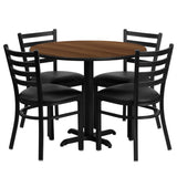 English Elm Commercial Grade 36'' Round Walnut Laminate Table Set with X-Base and 4 Ladder Back Metal Chairs - Vinyl Seat