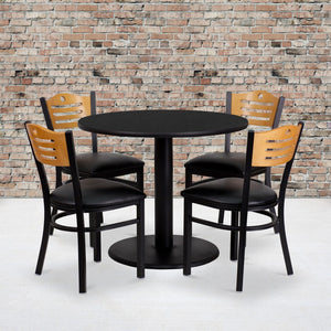 English Elm Commercial Grade 36'' Round Laminate Table Set with 4 Wood Slat Back Metal Chairs - Vinyl Seat