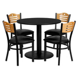 English Elm Commercial Grade 36'' Round Laminate Table Set with 4 Wood Slat Back Metal Chairs - Vinyl Seat