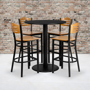 English Elm Commercial Grade 36'' Round Laminate Table Set with 4 Wood Slat Back Metal Barstools - Wood Seat