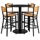 English Elm Commercial Grade 36'' Round Laminate Table Set with 4 Wood Slat Back Metal Barstools - Wood Seat