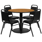 English Elm Commercial Grade 36'' Round Natural Laminate Table Set with Round Base and 4 Trapezoidal Back Banquet Chairs