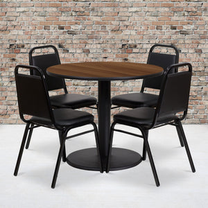 English Elm Commercial Grade 36'' Round Walnut Laminate Table Set with Round Base and 4 Trapezoidal Back Banquet Chairs