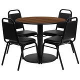 English Elm Commercial Grade 36'' Round Walnut Laminate Table Set with Round Base and 4 Trapezoidal Back Banquet Chairs