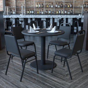 English Elm Commercial Grade 36'' Round Laminate Table Set with X-Base and 4 Trapezoidal Back Banquet Chairs