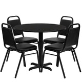 English Elm Commercial Grade 36'' Round Laminate Table Set with X-Base and 4 Trapezoidal Back Banquet Chairs