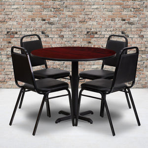 English Elm Commercial Grade 36'' Round Mahogany Laminate Table Set with X-Base and 4 Trapezoidal Back Banquet Chairs