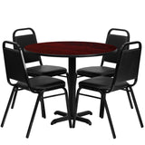 English Elm Commercial Grade 36'' Round Mahogany Laminate Table Set with X-Base and 4 Trapezoidal Back Banquet Chairs