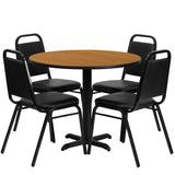 English Elm Commercial Grade 36'' Round Natural Laminate Table Set with X-Base and 4 Trapezoidal Back Banquet Chairs