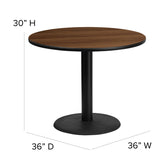 English Elm Commercial Grade 36'' Round Walnut Laminate Table Set with X-Base and 4 Trapezoidal Back Banquet Chairs