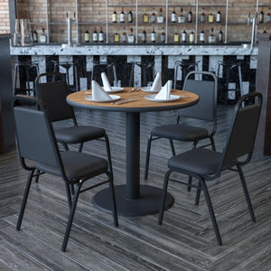 English Elm Commercial Grade 36'' Round Walnut Laminate Table Set with X-Base and 4 Trapezoidal Back Banquet Chairs