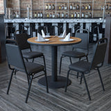 Commercial Grade 36'' Round Walnut Laminate Table Set with X-Base and 4 Trapezoidal Back Banquet Chairs