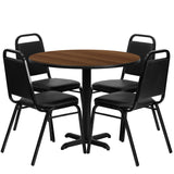 English Elm Commercial Grade 36'' Round Walnut Laminate Table Set with X-Base and 4 Trapezoidal Back Banquet Chairs