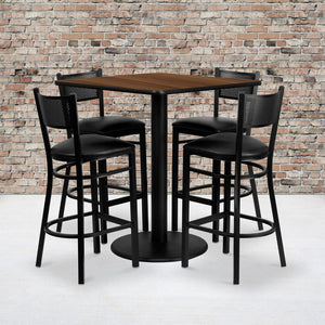 English Elm Commercial Grade 36'' Square Laminate Table Set with 4 Grid Back Metal Barstools - Vinyl Seat