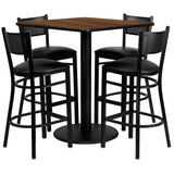 English Elm Commercial Grade 36'' Square Laminate Table Set with 4 Grid Back Metal Barstools - Vinyl Seat