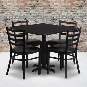 English Elm Commercial Grade 36'' Square Laminate Table Set with X-Base and 4 Ladder Back Metal Chairs - Vinyl Seat