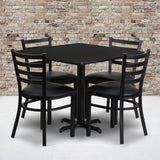 Commercial Grade 36'' Square Laminate Table Set with X-Base and 4 Ladder Back Metal Chairs - Vinyl Seat