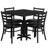 English Elm Commercial Grade 36'' Square Laminate Table Set with X-Base and 4 Ladder Back Metal Chairs - Vinyl Seat