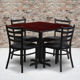 Commercial Grade 36'' Square Mahogany Laminate Table Set with X-Base and 4 Ladder Back Metal Chairs - Vinyl Seat