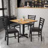 Commercial Grade 36'' Square Natural Laminate Table Set with X-Base and 4 Ladder Back Metal Chairs - Vinyl Seat