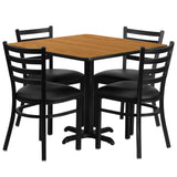 English Elm Commercial Grade 36'' Square Natural Laminate Table Set with X-Base and 4 Ladder Back Metal Chairs - Vinyl Seat