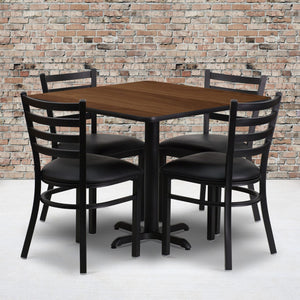 English Elm Commercial Grade 36'' Square Walnut Laminate Table Set with X-Base and 4 Ladder Back Metal Chairs - Vinyl Seat