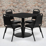 Commercial Grade 36'' Square Laminate Table Set with Round Base and 4 Trapezoidal Back Banquet Chairs