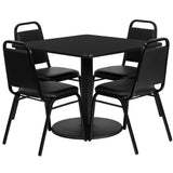 English Elm Commercial Grade 36'' Square Laminate Table Set with Round Base and 4 Trapezoidal Back Banquet Chairs