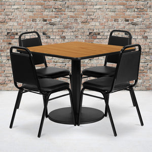 English Elm Commercial Grade 36'' Square Natural Laminate Table Set with Round Base and 4 Trapezoidal Back Banquet Chairs