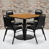 Commercial Grade 36'' Square Natural Laminate Table Set with Round Base and 4 Trapezoidal Back Banquet Chairs