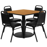 English Elm Commercial Grade 36'' Square Natural Laminate Table Set with Round Base and 4 Trapezoidal Back Banquet Chairs