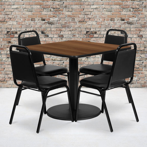 English Elm Commercial Grade 36'' Square Walnut Laminate Table Set with Round Base and 4 Trapezoidal Back Banquet Chairs