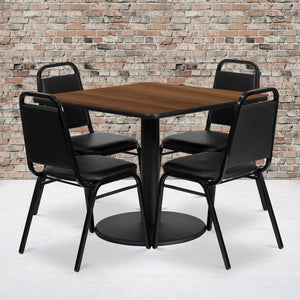 English Elm Commercial Grade 36'' Square Walnut Laminate Table Set with Round Base and 4 Trapezoidal Back Banquet Chairs